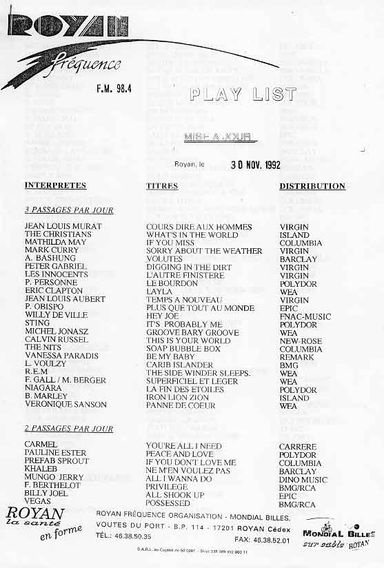 Play-list de novembre 1992-1